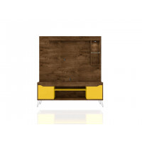 Manhattan Comfort 219BMC94 Baxter 62.99 Freestanding Mid-Century Modern Entertainment Center with LED Lights and Decor Shelves in Rustic Brown and Yellow